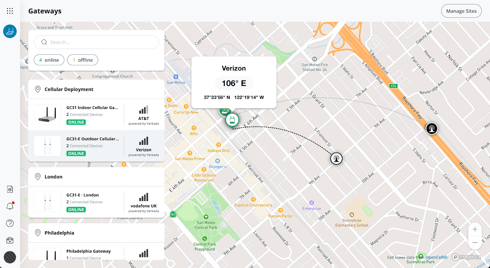 Cell tower location and azimuth angle