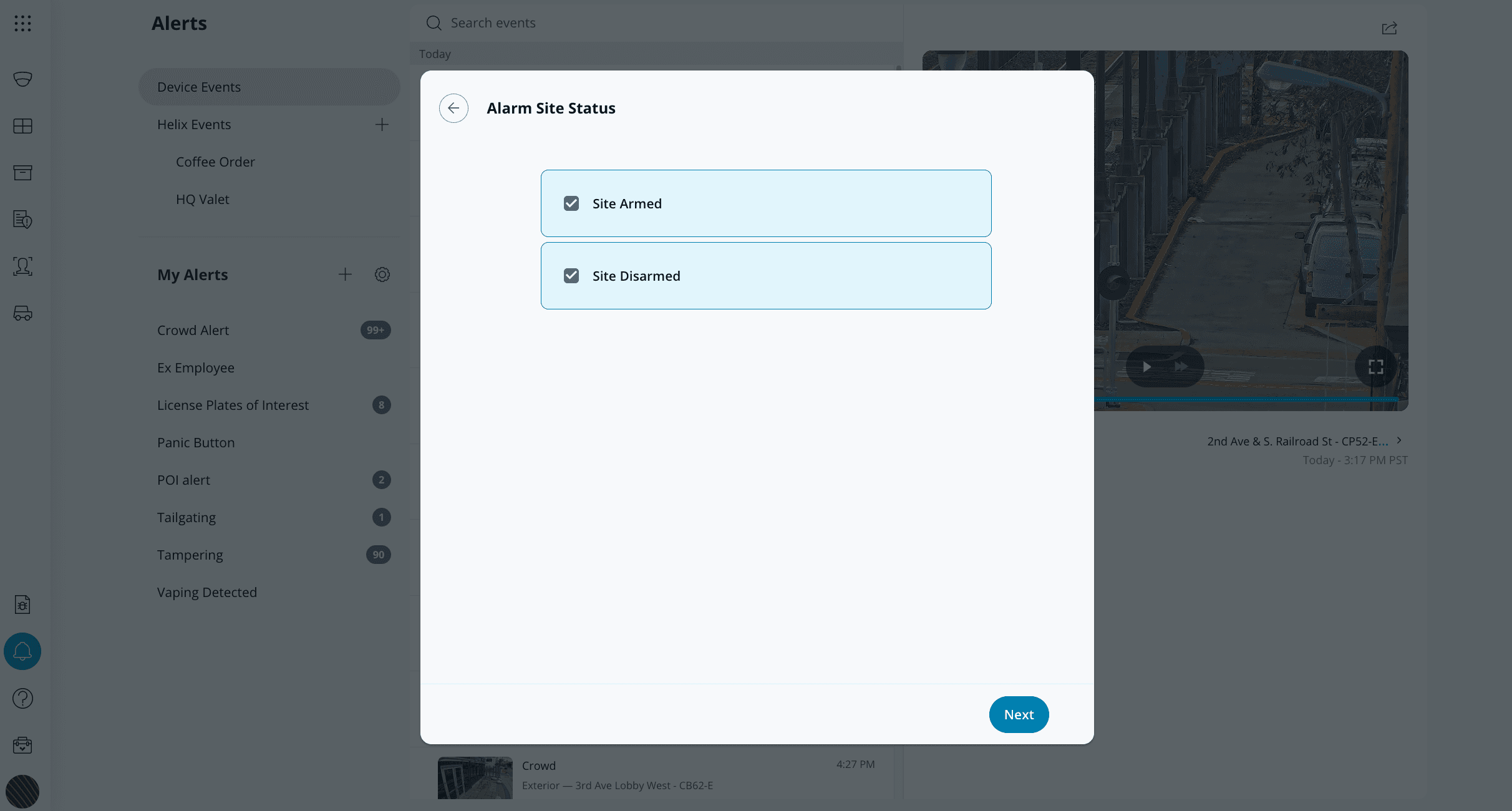 Alarm site selection