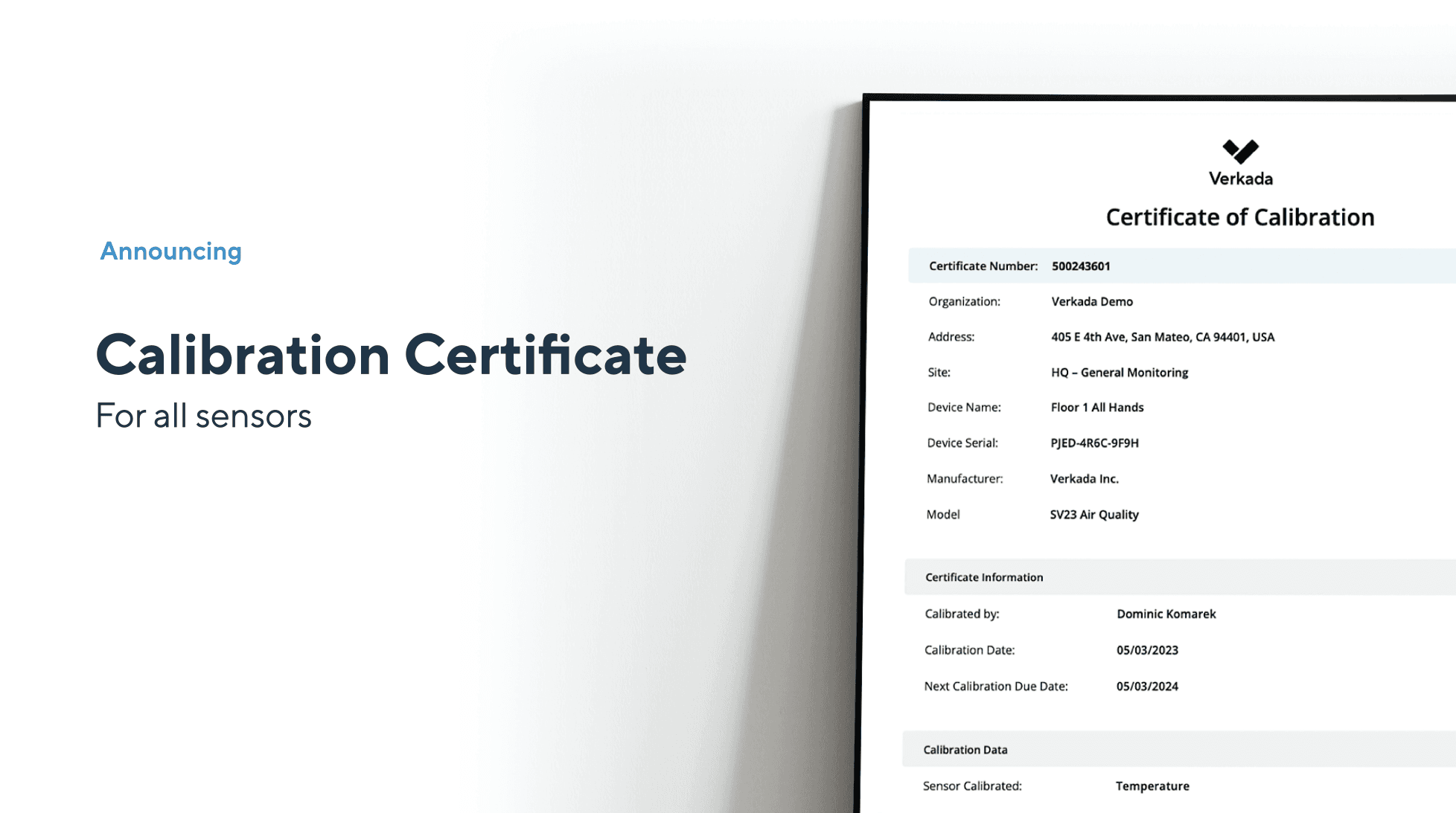 Calibration certificate for sensors